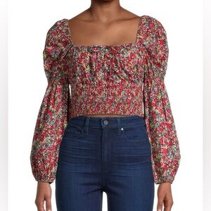 Jacqui E  New Multicolor Floral Puff Sleeve Smocked  Blouse cropped